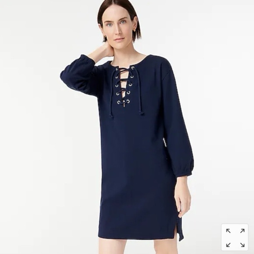 J. Crew. Lace-up balloon-sleeve dress. Navy. Size Small.
